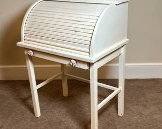 Roll-Top Secretary Desk - White | Small roll-top secretary desk with organizing cubbies within, painted white with pink ceramic knobs added to front. - h. 36.25 x w. 25 x d. 17.5 in