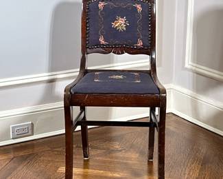 Victorian Style Needlepoint Accent Chair | Antique Victorian style carved wooden accent chair featuring blue upholstered seat and back cushions, a needlepoint floral motif, and a hammered nailhead trim. Tag on underside indicates custom made. Seat height: h. 18". - h. 32 x w. 16 x d. 17 in