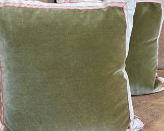 (2pc) Throw Pillows - Green Velvet 2/2 | Two square reversible throw pillows with green velvet fabric and white trim, with solid green velvet fabric (no trim) on the backside. Set 2/2 - h. 16 x w. 16 in