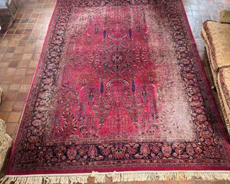 Area Rug - Deep Red | Vintage (1940's) Persian Kirman style area rug by Karastan (Eden, North Carolina) in a deep red color with white fringe border on long ends. w. 8.5' x l. 12.6' - w. 102 x l. 152 in