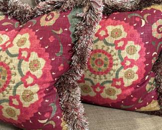 (2pc) Throw Pillows - Red Geometric Pillows 2/2 | Two square throw pillows with geometric pattern and fringed trim. Set 2/2 - h. 17 x w. 17 in