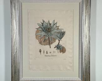 Lyndi Sales (South African, 1973-Present) Ink on Paper - "Waterlily" | Botanical illustration of "Nymphaea Versicolour," the waterlily. Inspiration drawn from 17th-century botanical engravings.
"French Carbonelle Etching Ink on Handmade Paper"
Framed in silver frame and matted
Signed by artist: lower right "L.Sales"
Titled by artist: lower center "waterlily"
Numbered: lower left "30/200". Includes certificate of authenticity. Includes official embossed stamp - h. 38 x w. 31 x d. 1.5 in