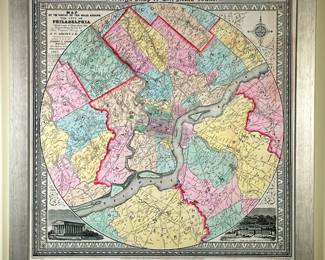 Robert P. Smith (American, 1827-1898) Map - "...Philadelphia" | Section of a map entitled "Map of the Circuit of Ten Miles Around The City of Philadelphia." Published by Robert Pearsall Smith (American, 1827-1898) based on the original surveys conducted by civil engineer James Charles Sidney (English, 1819 - 1881) Lithograph. Framed in square gold frame. - h. 33.5 x w. 33 in