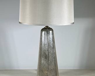 Modern Style Glass Table Lamp | Modern style table lamp featuring a tapered cylindrical glass base with a silver patina speckled finish and lampshade with silver/metallic border. - h. 30 x w. 8 in