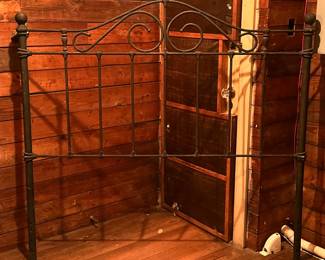 Wrought Iron Headboard | Wrought iron headboard with curled top design and vertical slatted bars for support. - h. 57.75 x w. 62 in