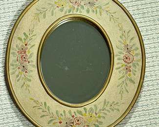 Hand-Painted Oval Wall Mirror | Vintage-style oval wall mirror with a hand-painted floral design on the frame. - h. 16.5 x w. 15 in