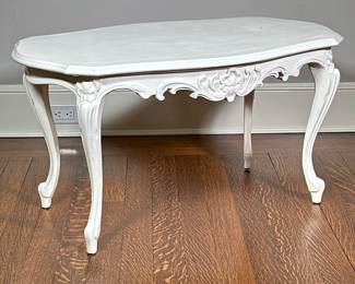 Baroque Style Coffee Table | Baroque style low rectangular white-painted coffee table, with ornate carvings on the front skirt and legs. - h. 18 x w. 35 x d. 21 in