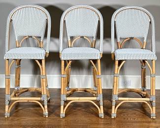 (3pc) Serena & Lily Rattan Counter Stools | Three Serena and Lily (Sausalito, California) "Riviera" style rattan counter stools in navy and white. Seat height: h. 25.5" - h. 42 x w. 17.5 x d. 19 in