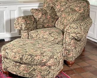 (4pc) Ethan Allen Oversized Armchair & Ottoman | Ethan Allen (Danbury, Connecticut) oversized roll-arm upholstered armchair and matching ottoman in a brown floral pattern, including two throw pillows. -h. 35.5 x w. 42 x d. 37 in