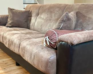 Istikbal Storage Sofa/Bed - Full-Sized | Istikbal (Kayseri, Turkey) “Aspen" Collection microfiber storage sofa bed in the color "Mocha," with espresso legs, four throw pillows, and an easy pull-down mechanism to convert sofa into a full-sized bed.
- h. 35 x w. 90/75 x d. 35/48 in (Couch/Bed)