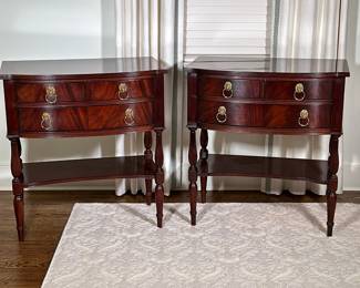 (2pc) Hickory Chair Co. Nightstands | Hickory Chair Company (Hickory, North Carolina) nightstands from the James River Collection, featuring solid mahogany carving, three oak dovetailed drawers each, accented by antique style hardware. - h. 32 x w. 30 x d. 18 in