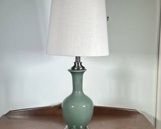 Jade Green Ceramic Table Lamp | Modern jade green ceramic teardrop-shaped table lamp on a chrome base, with a white lampshade. - h. 29 x w. 9.5 in