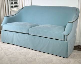 Hickory Chair Co. "Eton" Short Sofa | Modern (2000s) Hickory Chair Company (Hickory, North Carolina) "Eton" short sofa, in a custom robin's egg blue color, with two seat cushions, a long horizontal padded back, scrolled arms, nailhead trim, and a split pleated skirt. - h. 37.5 x w. 72 x d. 34 in