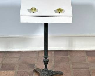 Small Freestanding Pedestal Desk | Antique (late 19th century) freestanding pedestal desk with an ornate three-legged metal base, featuring a recently painted white top and updated floral knobs. - h. 27 x w. 16 x d. 11.5 in