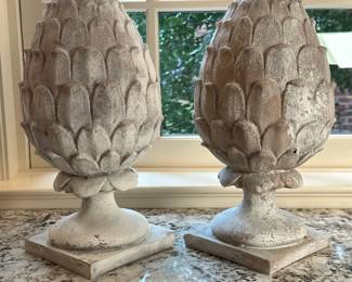 (2pc) Artichoke-Shaped Finials - 1/2 | Pair of artichoke-shaped finials, which could be used as bookends, decorative display pieces, or garden accessories. Set 1/2. - h. 14 x w. 7 in