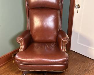 Hancock & Moore "Freeman" Desk Chair | Hancock & Moore (Hickory, North Carolina) "Freeman" custom-made deep red/burgundy leather executive desk chair with cushioned seat, manual height adjustment and swivel capabilities on caster wheels. - h. 48 x w. 29 x d. 33 in