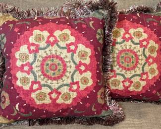 (2pc) Throw Pillows - Red Geometric Pattern 1/2 | Two square throw pillows with geometric pattern and fringed trim. Set 1/2 - h. 18 x w. 18 in