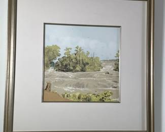 After George Wallis (English, 1811-1891) Watercolor - Niagara Falls | Riverside landscape, possibly Niagara Falls, where ripples flow through lush green forested banks. Watercolor and sketch on paper. Framed in gold frame and matted - h. 26 x w. 26 in
Not signed by the artist (not visible)