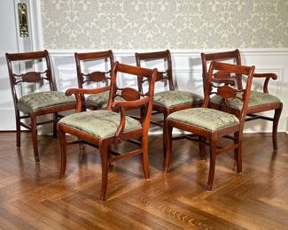 (6pc) Duncan Phyfe Style Dining Arm/Chairs | Vintage Duncan Phyfe style dining chairs, including two armchairs and four guest/side chairs of carved wood with upholstered seat cushions. - h. 33 x w. 17 x d. 18.5 in