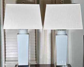 (2pc) Light Blue Ceramic Crackle Table Lamps | Pair of large table lamps featuring a glossy light blue ceramic body topped with a rectangular white shade, set on a square metallic base. - h. 33 x w. 18 in