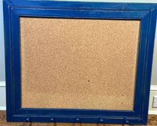 Cork Board - Blue Painted Frame - 1/2 | Large cork board with five hooks for keys or small items, featuring a blue painted wooden frame with charming distressed wear from age and use. - h. 29.5 x w. 24.5 in