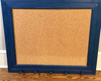 Cork Board - Gold Painted Frame - 2/2 | Large cork board with five hooks for keys or small items, featuring a blue painted wooden frame with charming distressed wear from age and use. - h. 29.5 x w. 24.5 in