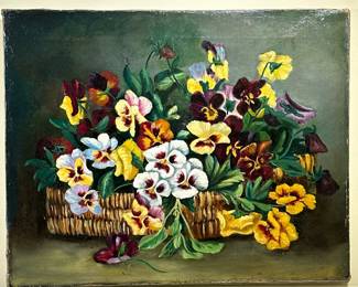 Unknown Artist (American, 19th Century) Oil Painting - "...Pansies" | Colorful painting of pansies in a basket, "Still Life with Pansies". Oil on canvas. Canvas stretched over wooden frame. Not signed by artist - h. 16 x w. 20 in