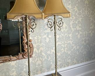 (2pc) Chelsea House Brass Buffet Lamps | Chelsea House (North Carolina) pair of antique-style gold-finish buffet lamps with slender brass columns, scroll tops, acorn-shaped brass finials on the top, square brushed embossed bases, and small gold silk shades. - h. 31.5 x w. 5 x d. 5 in