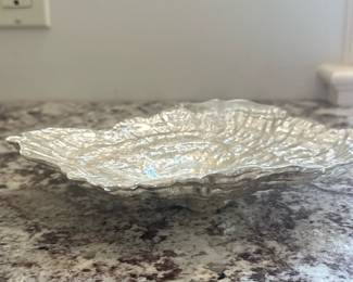 Iridescent Art Glass Bowl - Small | Vintage (late 20th century) small-sized iridescent art glass oyster-shaped centerpiece shallow bowl, made in Turkey. -h. 2 x w. 9 x d. 7 in