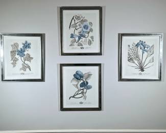 (4pc) Trowbridge Gallery - "Imperial Flowers in Blue & Grey" | Set of four “Imperial Flowers in Blue and Grey” botanical artwork on paper, inspired by Vienna’s Imperial Gardens, featuring blue-toned flowers in mirrored frames. Associated with Trowbridge Gallery (London). Each is stamped with the Trowbridge Gallery seal and numbered (i.e., "40/295") - h. 32 x w. 28.25 in