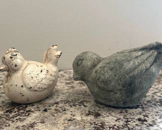 (2pc) Decorative Bird Figurines | Decorative bird figurines, likely made of cast iron or cement, designed to resemble birds like a chicken and a wren.
