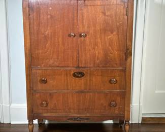 French Provincial Style Chest of Drawers | Antique French Provincial style walnut chest of drawers with painted rose decals on the front, featuring a cabinet top which conceals three drawers, above two full-length drawers, all set on caster wheels. - h. 48 x w. 32 x d. 18 in