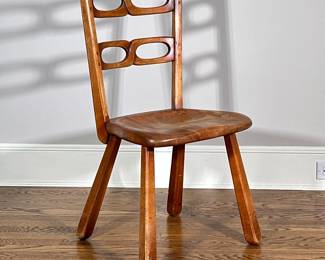 Sikes Furniture Co. Dining Chair | Vintage (early 20th century) Sikes Furniture Company (Buffalo, New York) oak dining chair, designed by Herman de Vries (Dutch, 1931-Present), features interlocking "link" design on back ladder. - h. 33 x w. 16.5 x d. 14 in