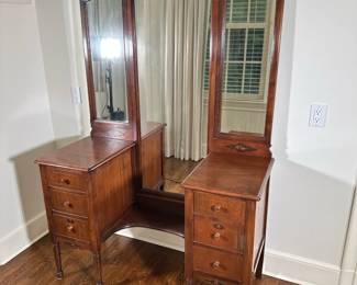 French Provincial Style Vanity Table/Mirrors | Antique French Provincial style walnut vanity table features dovetail drawers, a tri-fold mirror, and painted rose decals on the drawer front and beneath the mirrors. - h. 68 x w. 47 x d. 20 in