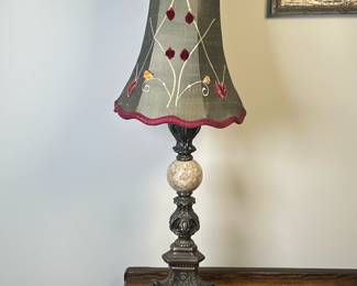 Bronze & Marble Sphere Table Lamp | Vintage bronze and marble table lamp with an ornately carved base, marble-like center sphere, and decorative lamp shade accented with red, yellow, and white floral details. - h. 28 x dia. 6 in