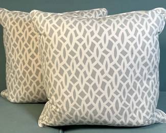 (2pc) Throw Pillows - Chainlink 1/2 | Two custom-made light blue and white throw pillows featuring a chainlink pattern. Set 1/2. - h. 20 x w. 18 in