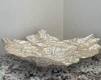 Iridescent Art Glass Bowl - Large 2/2 | Vintage (late 20th century) large-sized iridescent art glass oyster-shaped centerpiece shallow bowl, made in Turkey. - h. 4.25 x w. 17.5 x d. 13.5 in