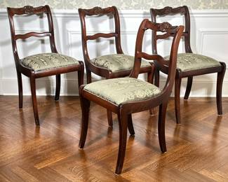 (4pc) Duncan Phyfe Style Dining Chairs | Vintage Duncan Phyfe style dining chairs, including four guest/side chairs of carved wood with upholstered seat cushions. - h. 34 x w. 18 x d. 18 in