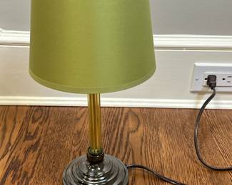 Green Cut Glass Column Table Lamp | Vintage (mid 20th century) green cut glass column table lamp with green lampshade. - h. 15 x dia. 5 in