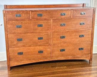 Stickley Furniture Co. Mission Style Dresser | Stickley Furniture Company (Manlius, New York) Mission style large oakwood dresser with nine drawers. - h. 47 x w. 66 x d. 20 in