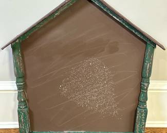House-Shaped Magnetic Board | House-shaped magnetic board with three hooks for keys or small items, featuring a green painted wooden frame with charming distressed wear from age and use. - h. 18 x w. 15 in
