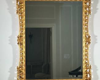 Giltwood Rectangular Wall Mirror | Large carved giltwood rectangular wall mirror, with detailed ornate scrollwork and rich embellishments. - h. 45.5 x w. 36.5 in