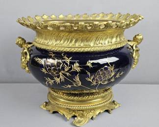 Vintage Cobalt Blue Enameled Brass Centerpiece