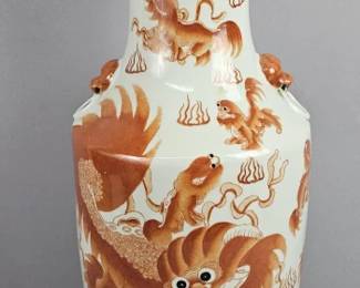 Vintage Large Chinese Iron Red Foo Dogs Porcelain