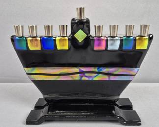 Signed Colorful Glass Menorah