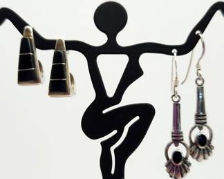 Lot Of 2 Pairs 925 Sterling & Onyx Earrings