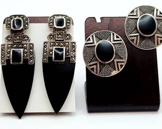 925 Sterling Marcasite & Onyx & Woods Onyx