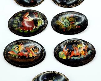 Lot Of 7 Russian Lacquer Hand Painted Brooches