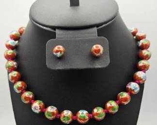 Hand Painted Enamel Bead Necklace & Earrings