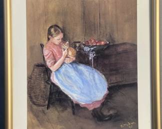 Tasha Tudor Girl and Cat Lithograph Signed
